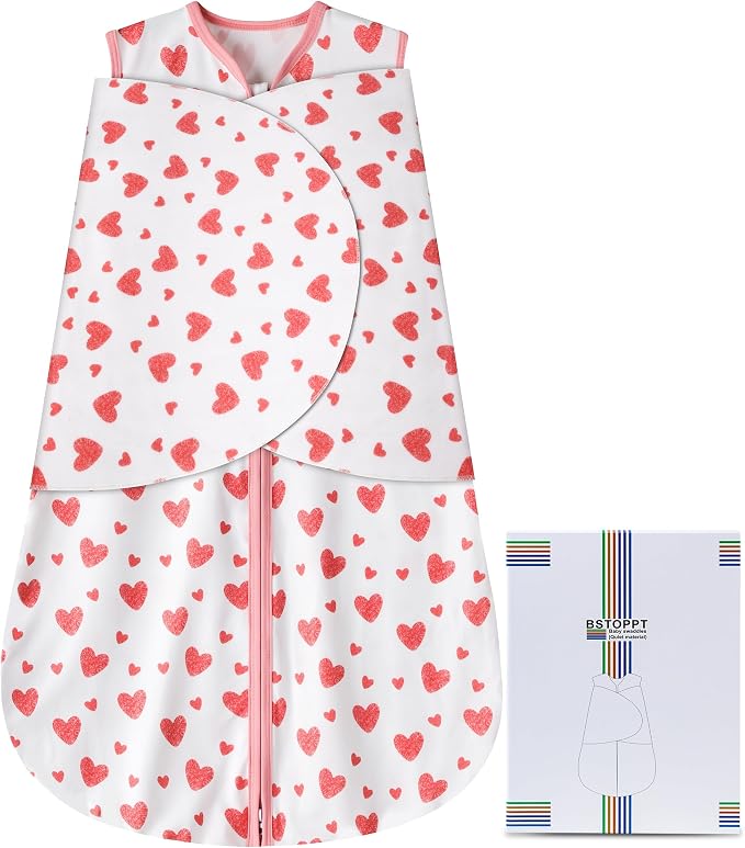 BSTOPPT Newborn Sleep Sack Baby Swaddle,Swaddle me 6-12 Month,3-Way Adjustable Wearable Blanket,100% Rayon Cotton Swaddling Sleeping Bag，TOG 0.5 (Love, 6-12 Months)