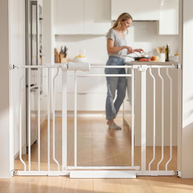 Triple Lock Clear Acrylic Baby Gate 29.5"-48", Extra Wide Auto Close Dog Gate for Doorways, Pressure Mount Indoor Child Safety Barrier for Toddlers and Pets, White