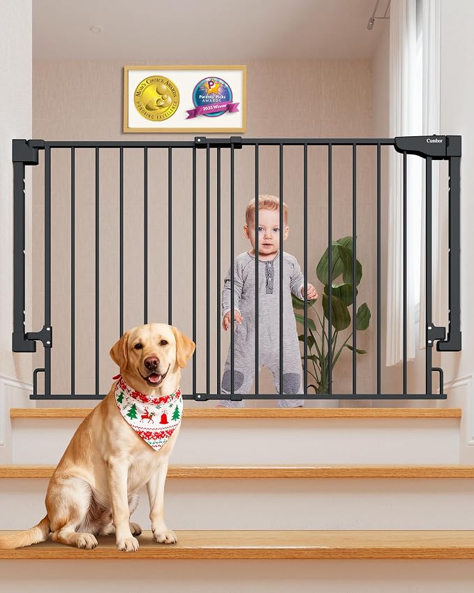 Cumbor Expandable 31.6-48" Baby Gate for Stairs, Hardware Mounted, 2-in-1 No Bottom Bar Dog Gate Indoor, Pet Gate for Doorways with Large Walk Thru Door, Child-Proof Safety Gate for Kids (Black)
