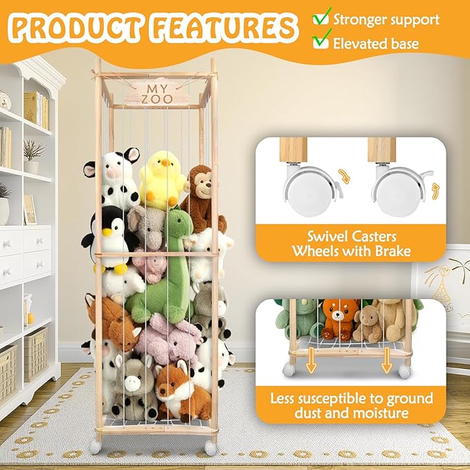 Stuffed Animal Storage Zoo with Wheels, 64" Wooden Large Stuff Animals Plushies Holder Toy Organizer Kids Plush Storage Cage with Elastic Band and Net for Nursery Playroom Corner for Toddler