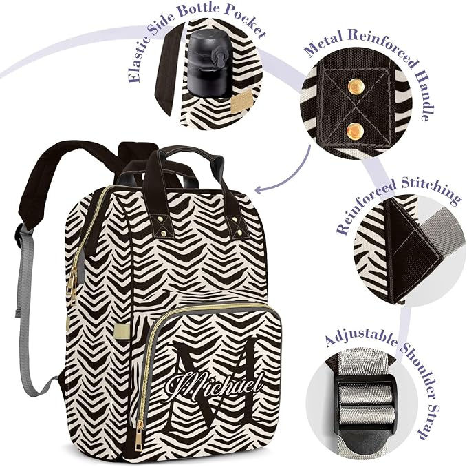 Custom Diaper Backpack, Upgraded Large Capacity, Personalized with Name, Multifunction Mommy Bag, Boys & Girls, Zebra
