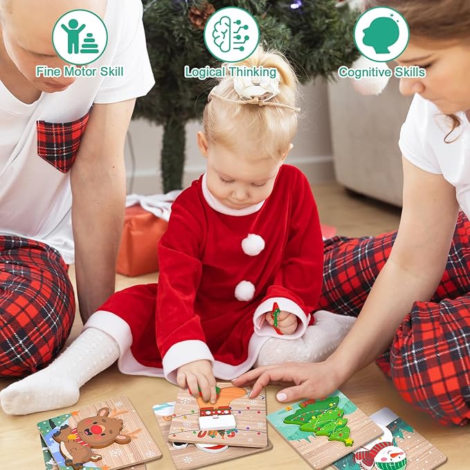6 Pack Christmas Wooden Puzzles for Kids Christmas Stocking Stuffers for Toddlers 1-3 2-4 Toddler Toys Party Favors Gifts