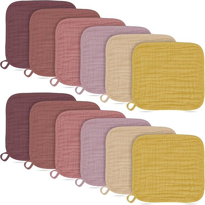 Baby Washcloths -100% Cotton Muslin Soft Baby Bath Wash Cloths and Absorbent Baby Wipes for Newborns Kids Girls and Boys - 12 Pack, 12x12 Inches - Brown, Honey, Bean Paste Series