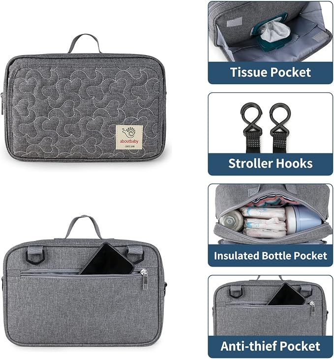 TRENDPLAY Small Diaper Bag Stroller Bag Diaper Organizer Caddy for Diapers with Insulated Pocket, Stroller Straps and Adjustable Shoulder Strap,Universal Fit Most Strollers, Gray