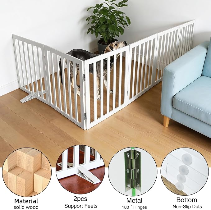 Dog Gate Indoor, Freestanding Dog Fence for The House, Doorways, Hallways,or Stairs,Pet Gate Foldable Wooden,Expandable 24" Height 6 Panels,White
