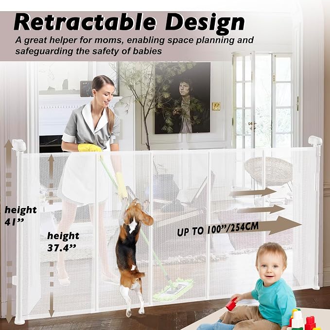 Retractable Baby Gates Dog Gate for Stairs, 100" Wide Retractable Gate Mesh Pet Gate, 41" Extra Tall Child Safety Gate with Fiberglass Rods for Stairways, Doorways, Hallways, Indoor/Outdoor