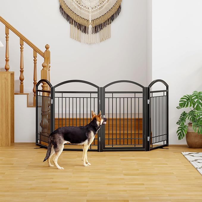 Folding No-Assembly Metal Freestanding Dog Gate with Door Walk Through,32" Height Pet Fence,96" Extra Wide Accordion Puppy Folding Playpen for Doorways,House,Stairs (4 Panels,Black)
