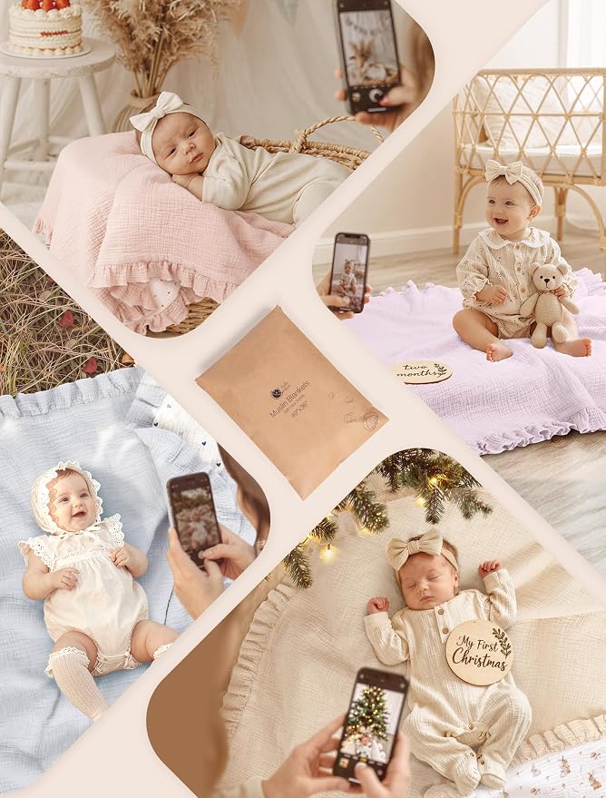 lulumoon Muslin Baby Blanket for Girls: Breathable Soft Cotton with Ruffle Edge - Lightweight Crib Blanket for Stroller & Photography Backdrop 40"x36"(Bunny)