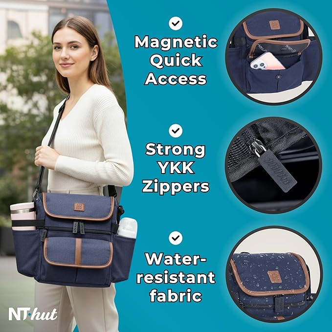 Baby Stroller Organizer Caddy with 2 Cup Holders ??NT·hut CarryZee Universal Stroller Bag, Bottle Straps, Magnetic & Zippered Pockets, Fits 11" Tablet, Water Resistant 600D Oxford (Blue)
