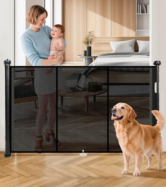 Retractable Baby Gates for Stairs, 78" Wide Retractable Dog Gate Pet Gate, 34" Extra Tall Child Safety Gate Toddler Mesh Gate with Support Rods for Doorways, Hallways, Deck, Porch, Indoor, Outdoor