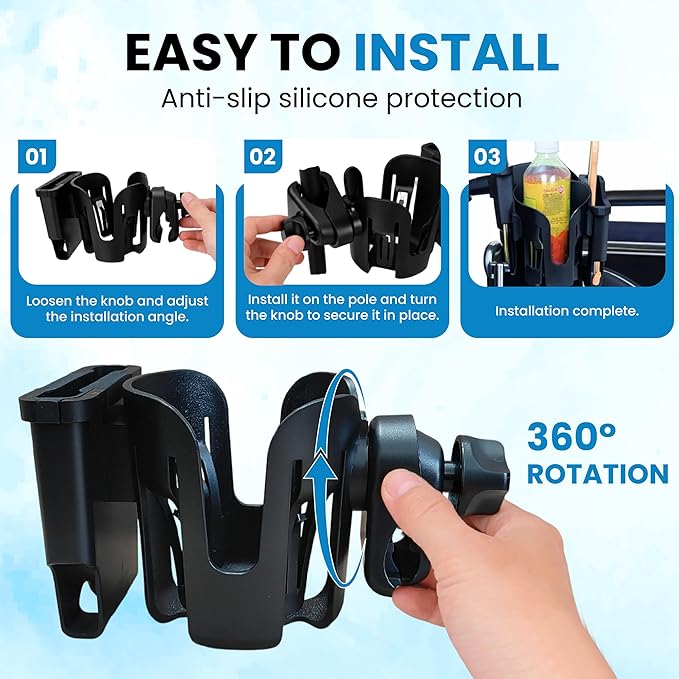 Wheelchair Accessories, Wheelchair Cup Holder with Wheelchair Side Bag, 360° Rotatable & Strong Clip Cup Holder for Wheelchair, Mobility Scooter, Walker Accessories for Seniors, Adults