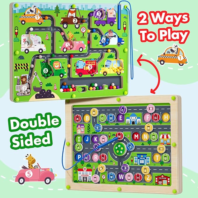 Magnetic Maze 2 in 1 Double Side Color and Number Maze Alphabet Puzzle Board for 3-5 Boys and Girls Kids Montessori Educational Toys (Car, One Size)