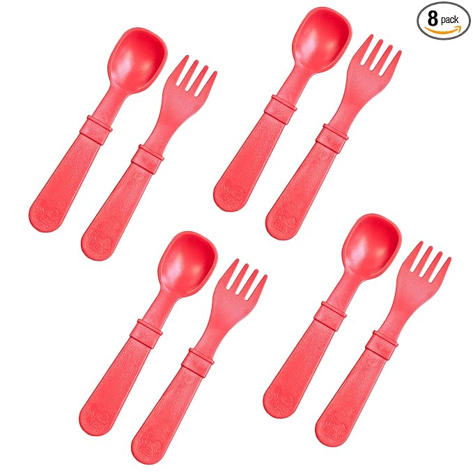 Re-Play Toddler Forks and Spoons Set - 4x4 Utensils Set for Kids - Dishwasher and Microwave Safe - Made in USA - Set of 8-5.8" x 1.2" x 0.2" - Red