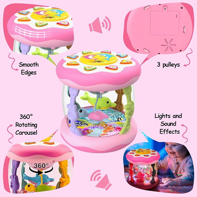 Baby Girl Toys 12 Months, Musical Rotating Light Up Infant Toys Tummy Time for Infant 12-18 Months, Crawling Learning Toys Birthday Gifts for Baby 1 2 3 Years Old