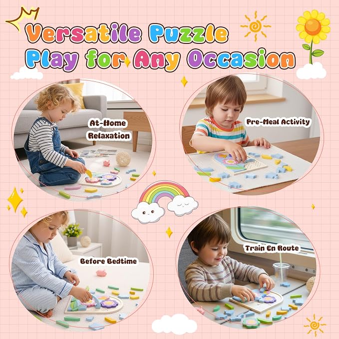 Montessori Wooden Shape Puzzles - Color Matching & Cognition Fun for Kids Over 3 Years Old, with Rainbow Blocks & Themes, Fine Motor Skill Building Toys & Gifts (Flower)