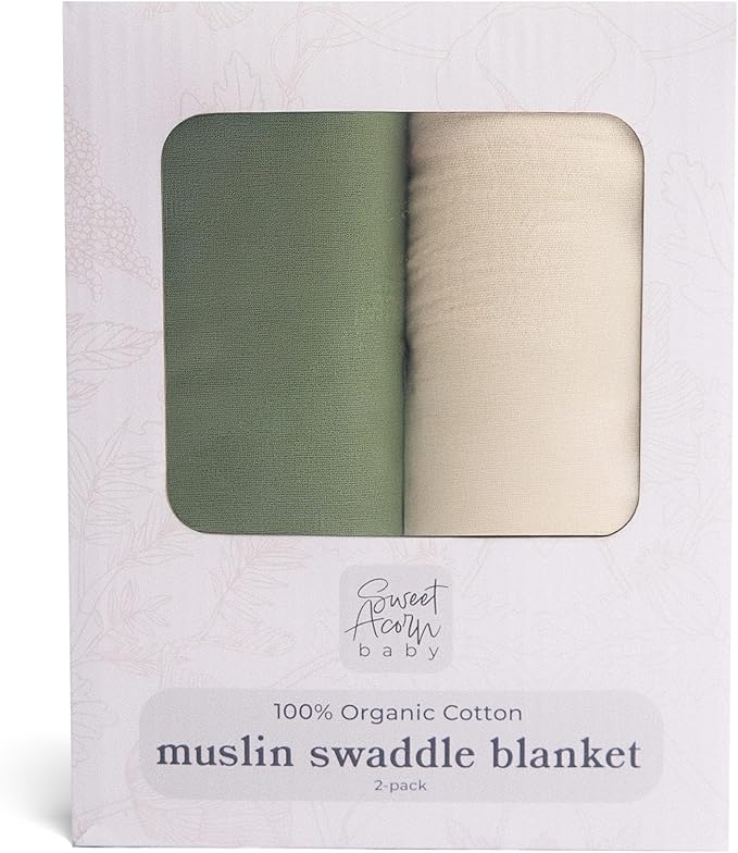 Muslin Swaddle Blanket ??Soft Cotton Muslin Baby Blanket for Newborns, Infants, and Toddlers, All-Season Comfort Baby Essential - Green and White