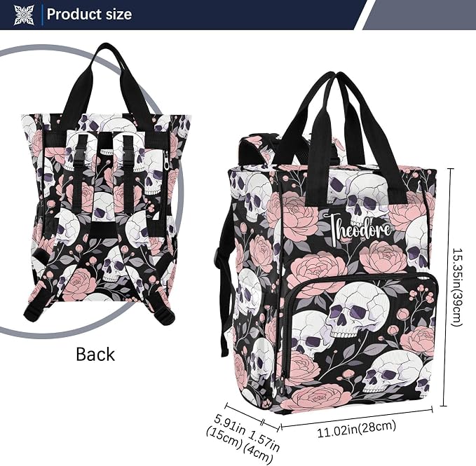 Personalized Flat Skull Peony Diaper Bag – Insulated Pockets for Mom Dad
