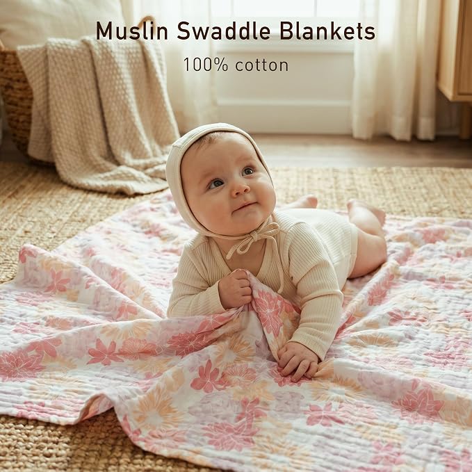 Muslin Swaddle Blankets for Newborns, 3-Pack Cotton Receiving Blankets, Large 40 x 38 inches, Breathable Soft Baby Blankets for Girls, Wrap Burp Cloths, Vintage Purple Floral