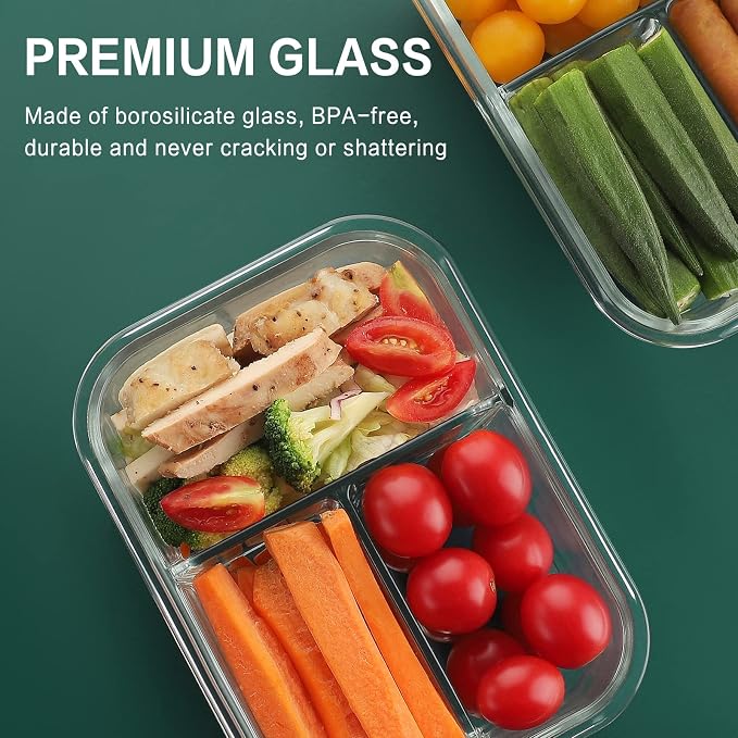 HOMBERKING 8 Pack Glass Meal Prep Containers 3 Compartment, 36oz Glass Food Storage Containers with Lids, Airtight Glass Lunch Bento Boxes, BPA-Free & Leak Proof (8 lids & 8 Containers) - Purple