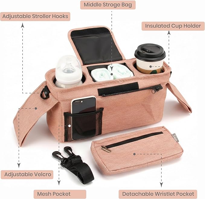 Universal Stroller Organizer, Pink - 2 Insulated Cup Holders - Non-Slip Stroller Caddy Bag - Detachable Phone Pouch - Fits Uppababy, Nuna - New Mom Essentials