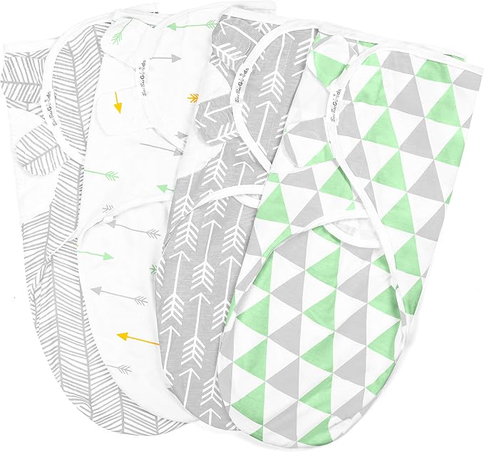 BaeBae Goods Swaddle Blanket, Adjustable Infant Baby Swaddling Wrap Set of 4, Baby Swaddling Wrap Blankets for Boys and Girls Made in Soft Cotton (0-3 Months, Green/Grey Triangles)