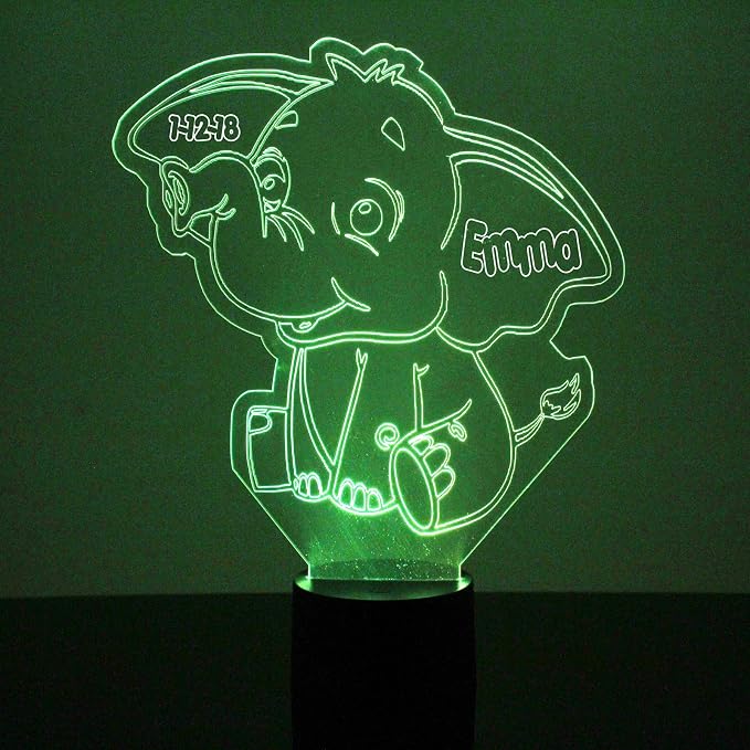 Personalized Baby Elephant LED Sign Night Light Lamp with Remote, Custom Text, Acrylic Display with 16 Colors & 4 Modes, Battery or USB Power, Made in The USA