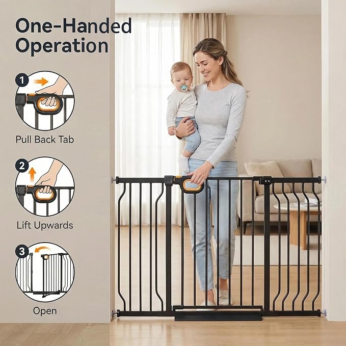 Baby Gates Extra Wide for Doorways 57.5-62.2 Inch Extra Wide Pressure Mounted Baby Dog Gate for the House Indoor Large Openning Metal Safety Gate No Drilling with Walk-Through Door,Black