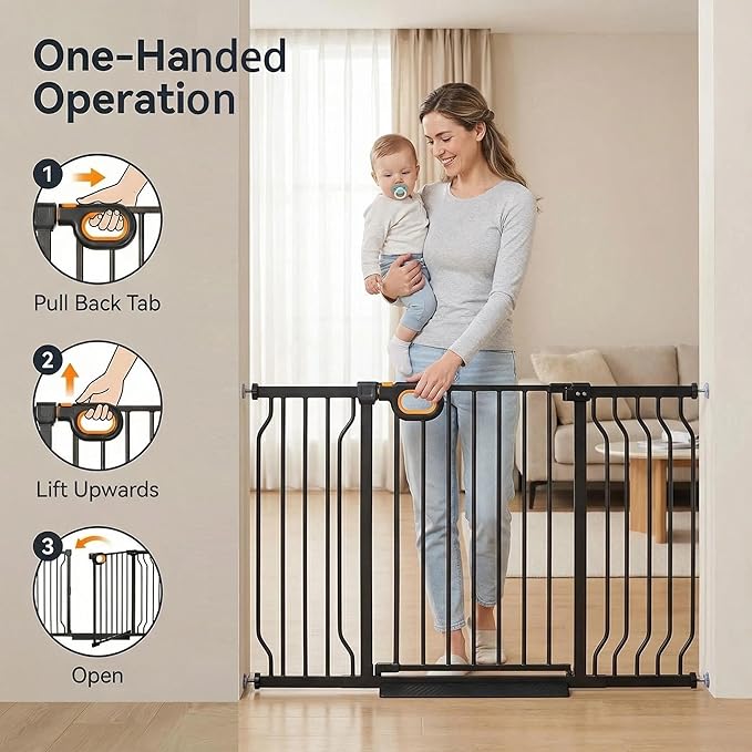 Baby Gates Extra Wide with Door 29.1-57.5 Inch Extra Wide Pressure Mounted Baby Gate Dog gate for Doorways Indoor Metal Gate No Drilling with Walk-Through Door,Black