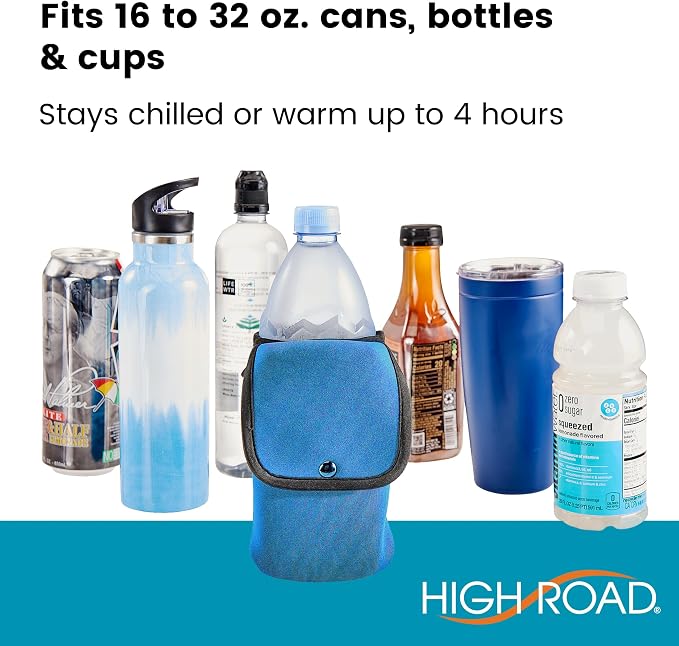 High Road Insulating Neoprene Bottle Holder and Phone Pocket - Unbreakable Cup Holder for Strollers, Scooters, Walkers and Wheelchairs (Blue)