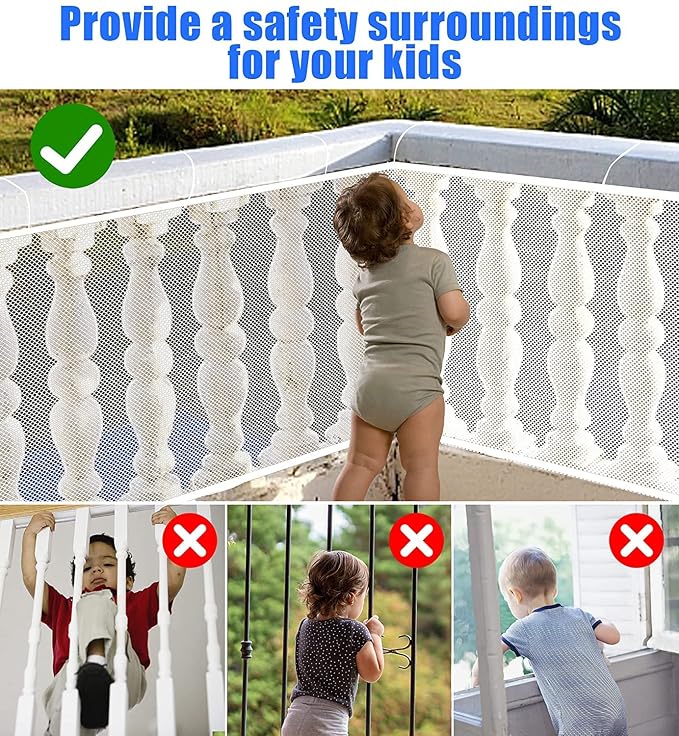 Stairway Net - Baby Safety Rail – Balcony Railing Guard -10ft L x 2.6ft H Banister Proofing Stair for Child, Small pet,Toy- Indoor & Outdoor(White)