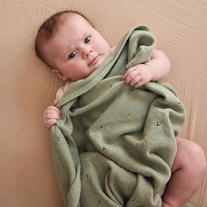 100% Organic Cotton Pointelle Knit Baby Boy Quilt – Lightweight, Breathable Swaddle Blanket for Newborns | Baby Registry Essential & Gift (Roman Green)