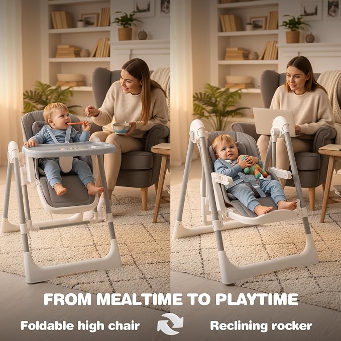 High Chairs for Babies and Toddlers Convert to Baby Rocker Foldable High Chair Adjustable Convertible with Reclining Seat & Leg Rest, 3-in-1 with Tool-Free Assembly (Grey)