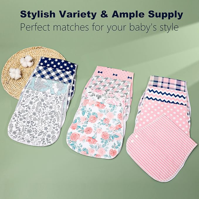 2-in-1 Burp Cloths and Baby Bibs - 6 Pack Large Super Absorbent Soft Cotton Burping Cloths for Spit Up, 3 Layers Thick Baby Burp Rags for Girls & Boys