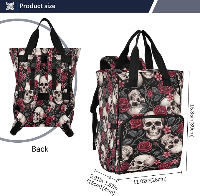 Red Roses Skull Diaper Bag – Insulated Pockets for Mom