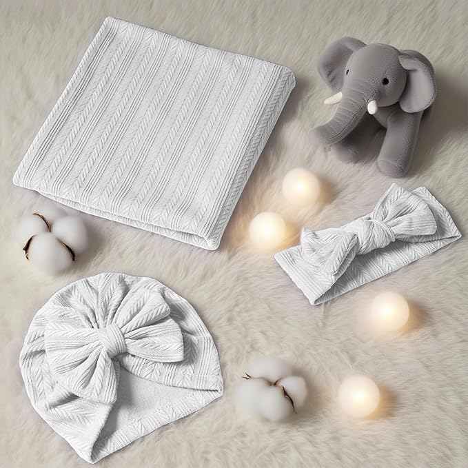 Muslin Blanket,Baby Swaddle Set Newborn - Receiving Headband Blankets and Bow Hat,Newborn Essentials, Soft Nursery Swaddling Blankets，Stretchy Baby Blankets for Girls and Boys Unisex(White)