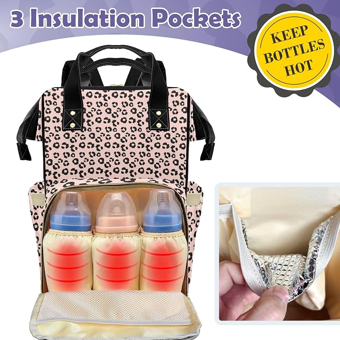 Custom Diaper Bag with Name Personalized Multifunctional Mommy Backpack for Shoulders Outdoor Backpack for Newborn Baby Thermal Pockets Nursing Bags （Leopard print）