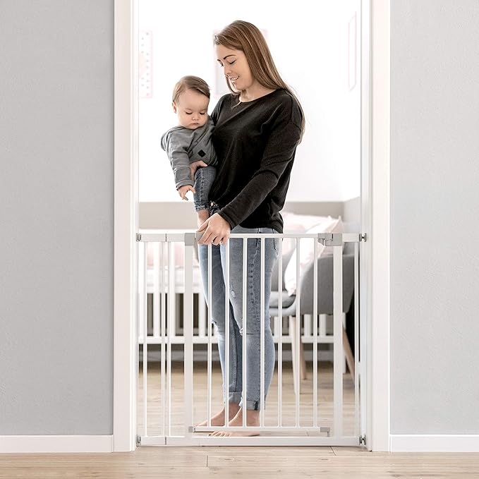 hauck Open N Stop KD Pressure Fit Baby & Pet Safety Gate w/ 8" Extension, Accommodates 37.8" to 39.8" Wide Home Doorway, Stairway, or Hallway, White