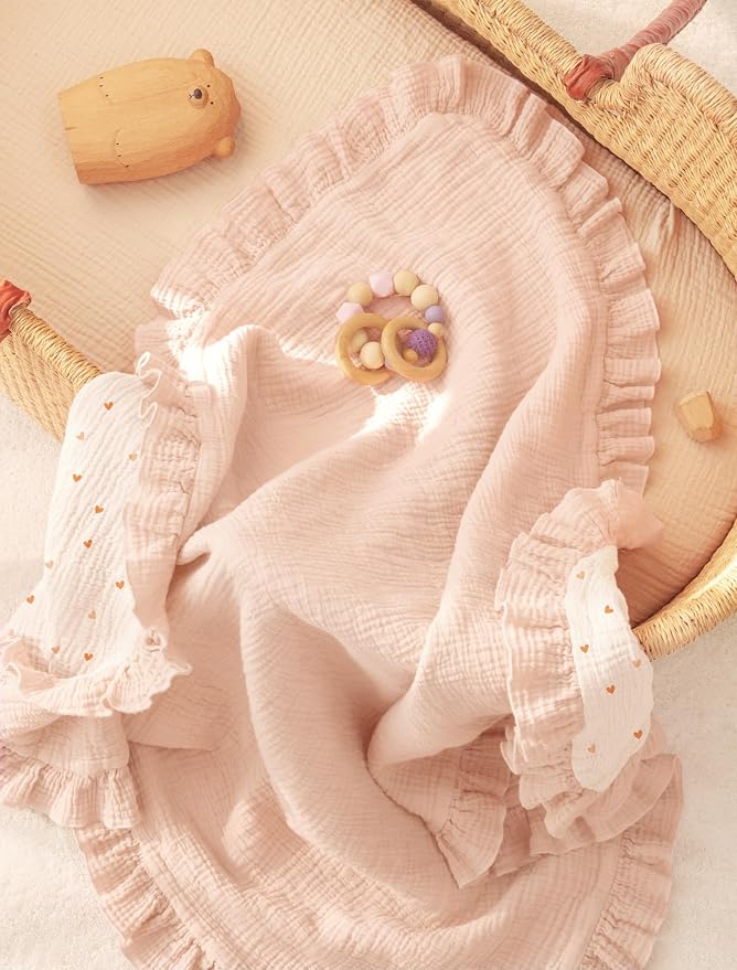 lulumoon Muslin Ruffle Baby Blanket - Soft Breathable 100% Cotton Newborn Wrap for Stroller Travel & Car Seat - Ideal for Photography & Nursery Decoration 40"x36"(Pink Heart)