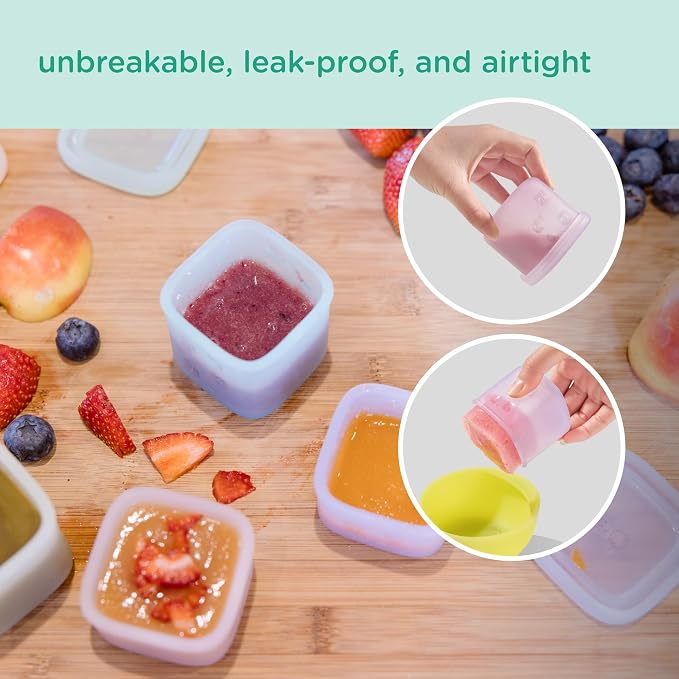 Olababy Training Spoon Set (Kiwi/Blueberry) + Olababy Clear Sense Silicone Storage Containers 4pk (Blueberry, 4 oz)