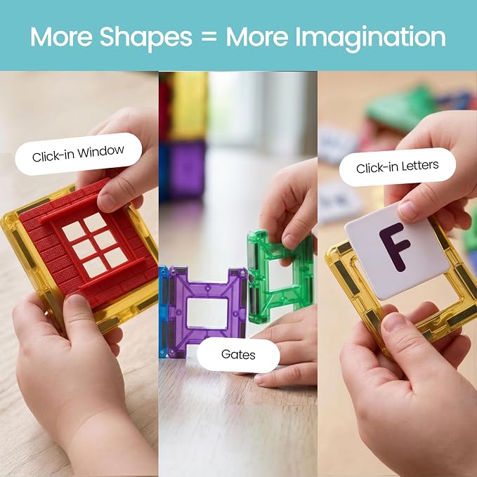 Playmags Magnetic Tiles for Kids 150-Piece Set, STEM Educational Building Blocks Toys for Kids, Includes Click-in ABC Learning Tiles, Gift for Boys & Girls, Add on Magnetic Figures, Car Set Available