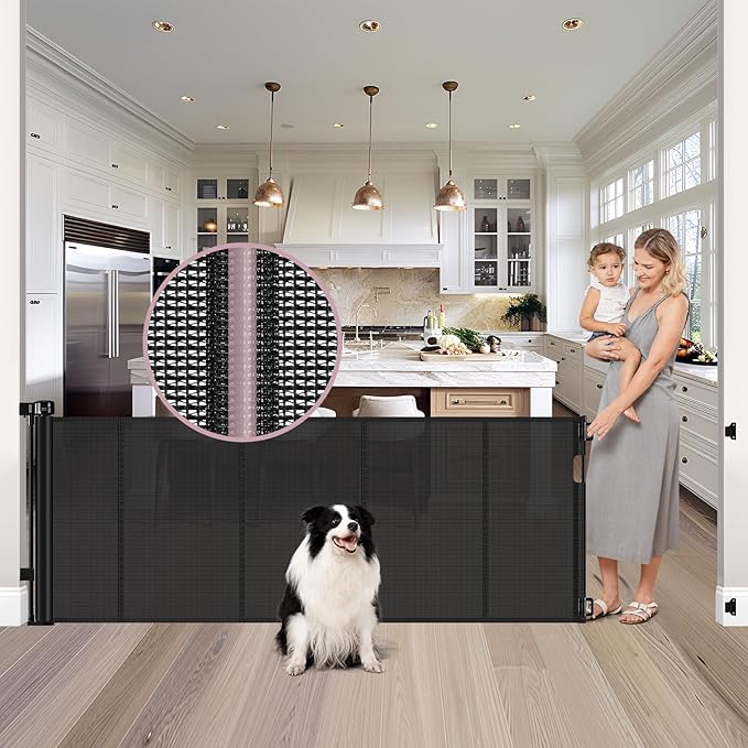 Reinforced 72" Wide Retractable Baby Gates with Support Rods - Prevent Crawling Under Retractable Gate, Mesh Dog Gate for Stairs Extra Long Baby Gate for Doorway, Long Dog Gate Indoor/Outdoor, Black