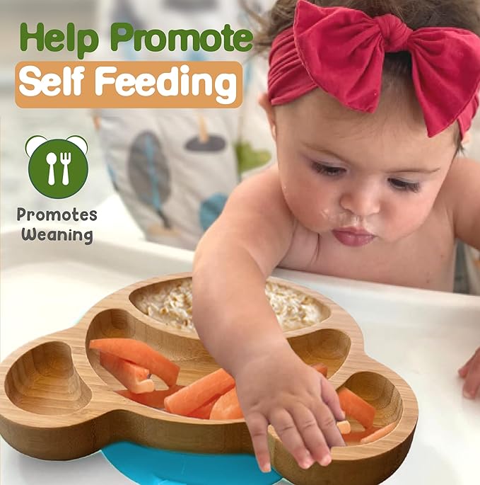 Bamboo Plates for Kids - Baby & Toddler Plates with Suction for Feeding & Weaning, Eco-Friendly Bear Design Promotes Self-Feeding, Ideal for Busy Moms & Dads, Sturdy & BPA-Free (Blue)