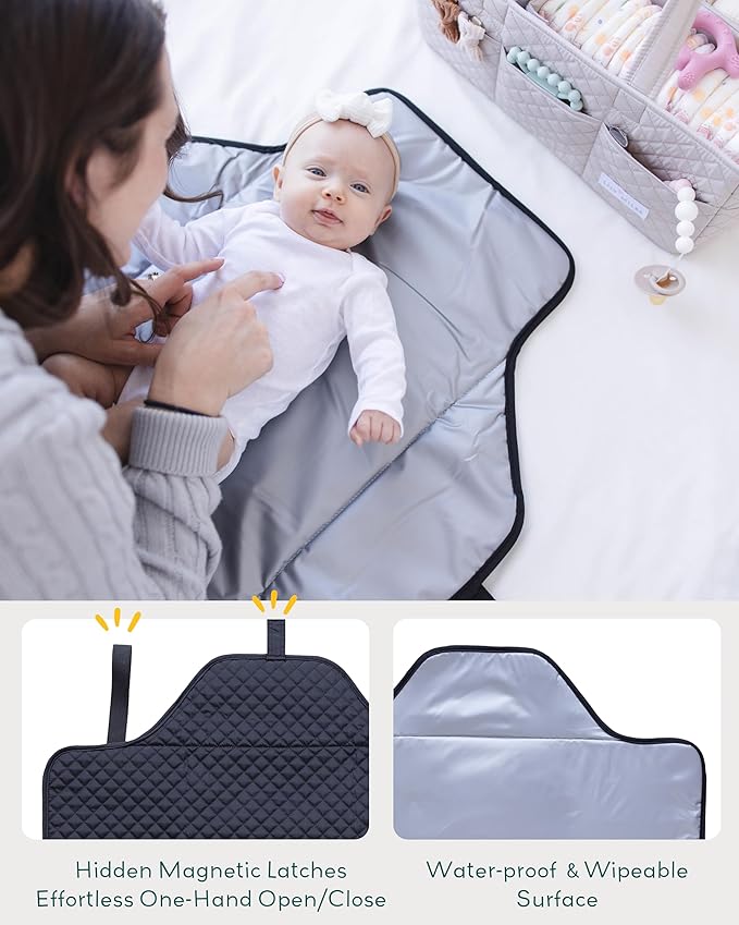 Lily Miles Baby Changing Pad Portable, Diaper Changing Mat with Magnetic Latches, Waterproof Travel Pad for Diaper Bag, Newborn Essentials, Gift for Baby Shower and Registry (Black Twill, Large)