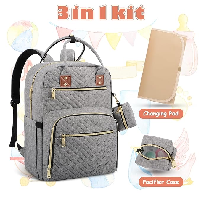 Tenot Baby Diaper Bag Backpack, Travel Diaper Bags for Baby Girl Boy Large Capacity Baby Bag Backpack for Women Grey