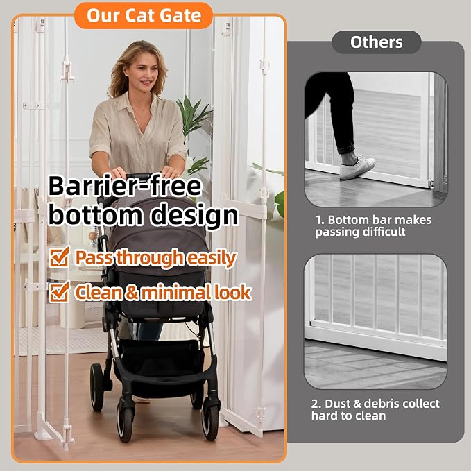 NiceTCU 74.80-98.43'' Extra Tall Cat Gate, Adjustable 33.86-45.34" Wide, Transparent Full Door Pet Gate, Auto Close No Drilling Cat Proof Safety Gate for Doorway Stairs- White