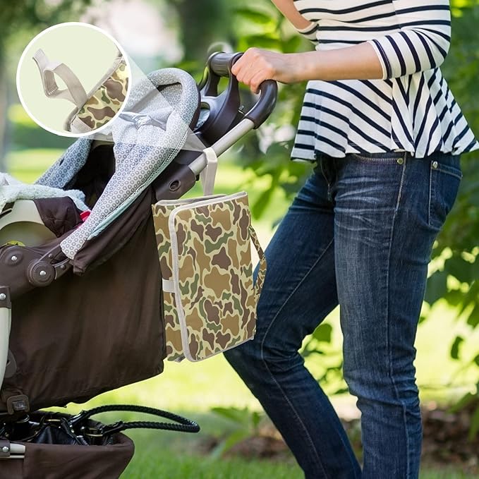 Camouflage Portable Diaper Changing Pad with Wipes Holder, Vintage Camo Green Foldable Baby Diaper Changer Travel Bag Retro Brown Army Baby Changing Mat with Built-in Pillow for Newborn
