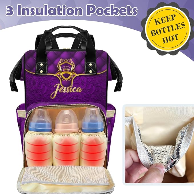 Custom Diaper Bag with Name Personalized Multifunctional Mommy Backpack for Shoulders Outdoor Backpack for Newborn Baby Crown-Thermal Pockets Nursing Bags