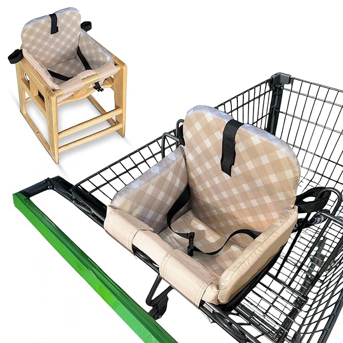 Shopping Cart Seat Cover for Baby, High Chair & Grocery Seat Protector, Padded Chair Covers for Restaurant Seats, Unisex Machine Washable Grocery Cart Liner & Swing Insert ??Beige Checkered