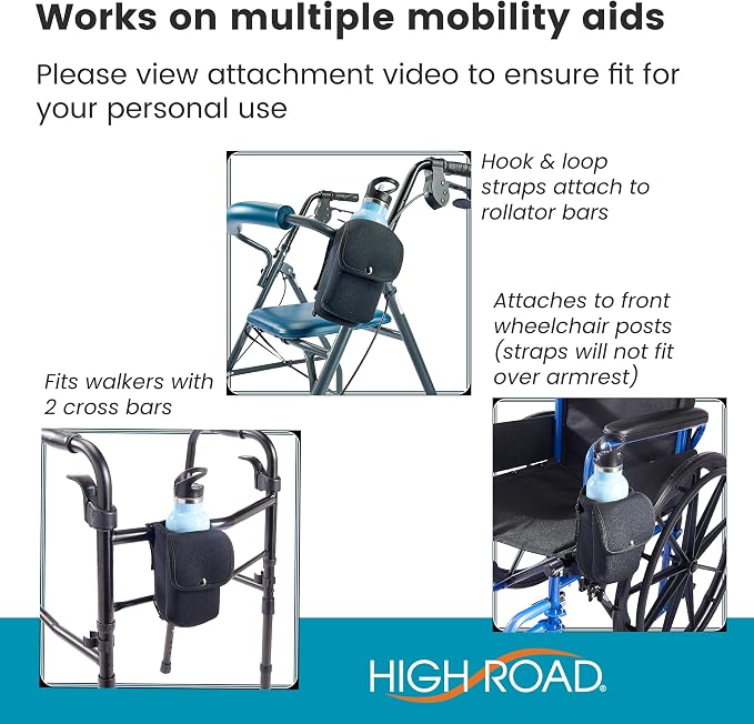 High Road Neoprene Bottle Holder and Phone Pouch for Mobility Equipment and Electric Scooters - Cup Holder for Strollers, Scooters, Rollators and Walkers