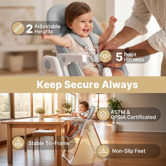 Baby High Chair, Convertible Folding Highchair with Dishwasher-Safe Tray, Adjustable Heights, 5-Point Harness, Portable Dining High Chairs for Babies and Toddlers (Wood Grain+Light Gray)